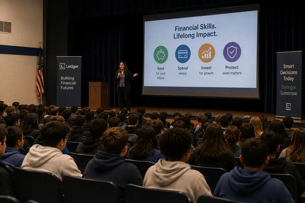 A school assembly on financial skills, with save, spend, invest and protect on the projected screen. Illustration.