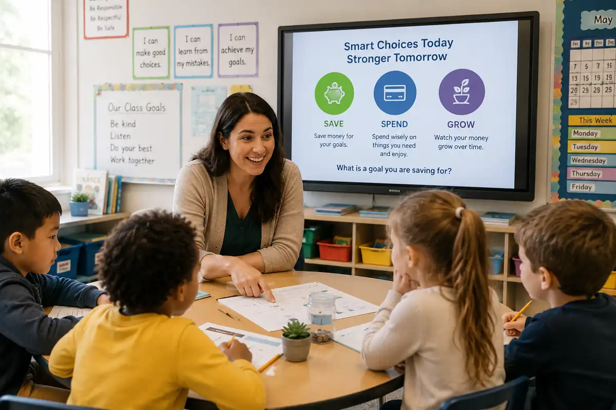 A K–2 class works through a savings activity at a shared table while the board shows save, spend and grow choices. Illustration.